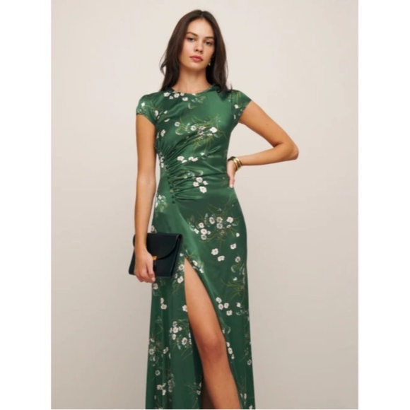 Reformation Birch Silk Dress in Buena Green White Floral Maxi Cap Sleeves - Picture 1 of 15